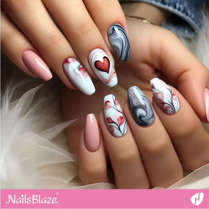 Gentle Marbling Nails Valentine Heart Design | Valentine Nails - NB2333